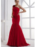 One Shoulder Beaded Red Chiffon Chic Evening Dress